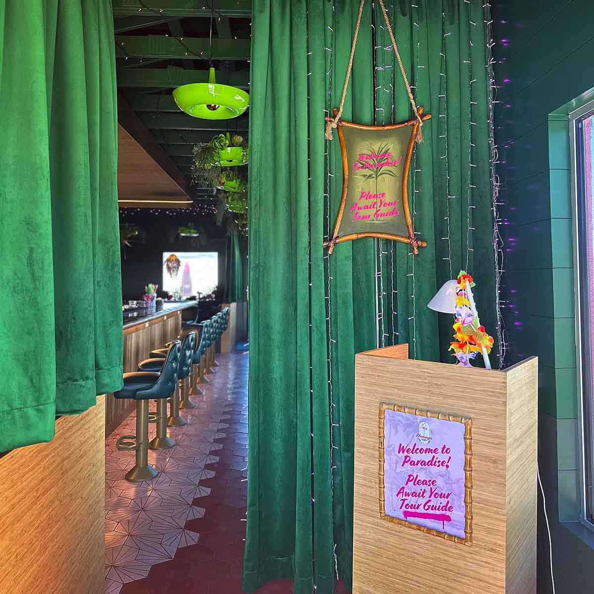 Host Stand and Entryway of Flamingo Tiki