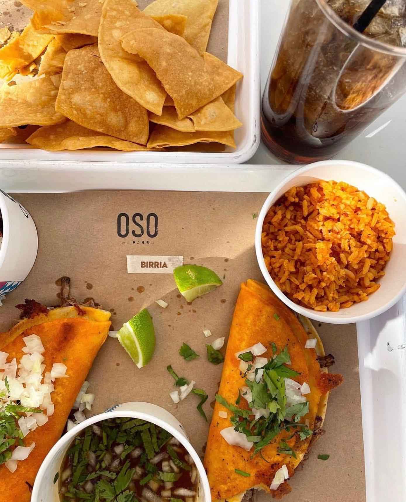 Top View Tacos and Chips with Drink - at OSO Paseo in the Oklahoma Historic Paseo District.